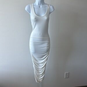 Ruched Dress Size M White Bodycon Midi Racerback Tank Y2K Minimalist Clean Girl
